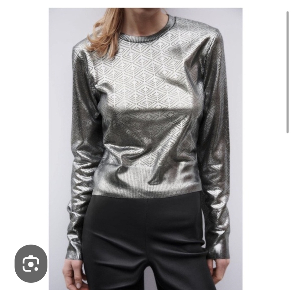 "Zara" Metallic Silver Pointelle Long Sleeve Top. Sz.L Like brand new.100% Poly.
